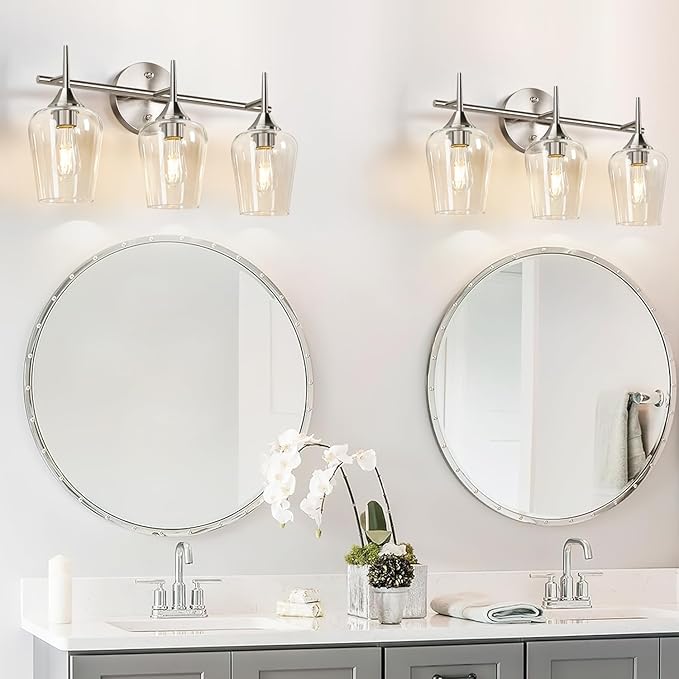 MOKATNG 3-Light Bathroom Light Fixtures, 19.5 in Brushed Nickle Vanity Lights for Bathroom with Clear Glass, Bathroom Lighting Fixtures Over Mirror, Modern Wall lamp for Cabinet Hallway