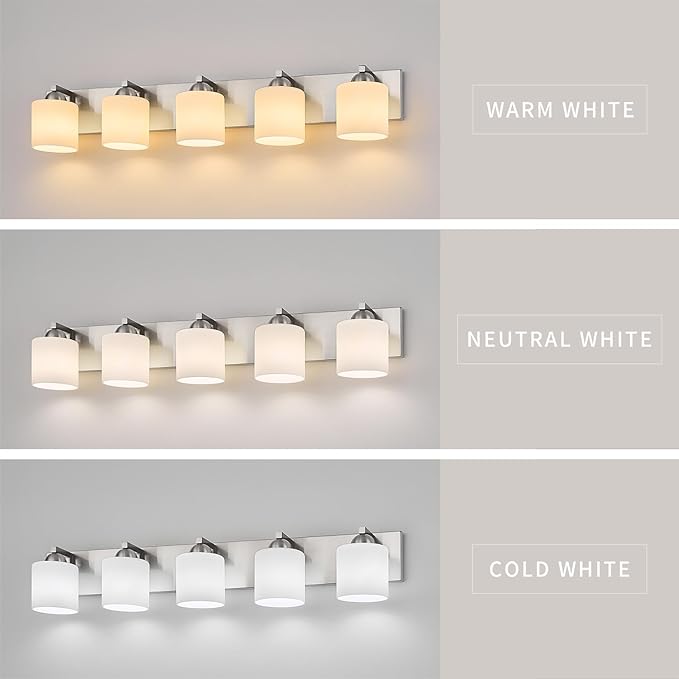 mirrea 38-Inch 5-Light Brushed Nickel Vanity Lights for Bathroom, Vanity Lighting Fixtures with Etched White Glass Shades