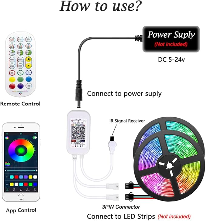 WS2812B WS2811 WS2813 WS2815 1903 16703 LED Strip Controller for LED Module Pixel Strip Light, 3pin JST Connector 1To 2 Bluetooth/Music APP/3Key Remote Control(5-24v) (DC 1 to 2)