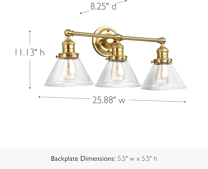 Design House Augustin Vanity Light, 3-Light, Seeded Glass Warm Glow, Dimmable, Up/Down Glow, Easy Installation, E26 Socket, Satin Gold, 25.9 in L x 8.3 in D x 11.1 in H, 589036-SG