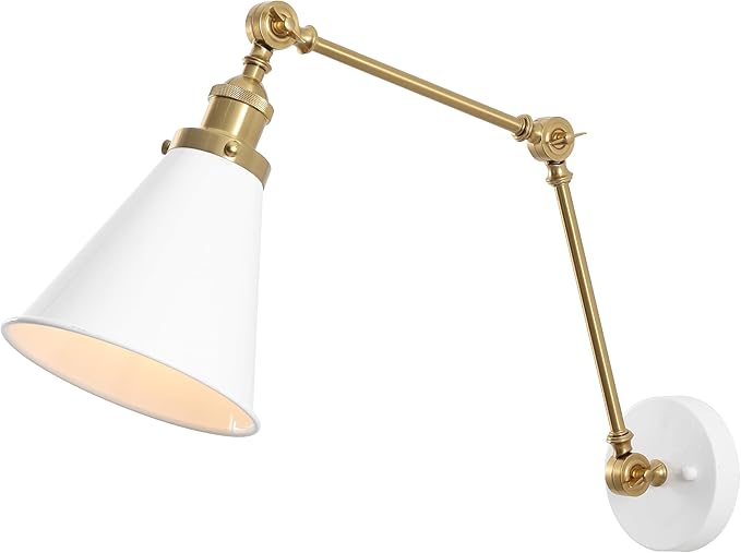 JONATHAN Y 7" White/Brass Gold Classic Industrial Metal Adjustable Arm LED Wall Sconce for Bedside Reading, Farmhouse Swing Arm Wall Lamp with Metal Shade, Hardwired (JYL7462B)