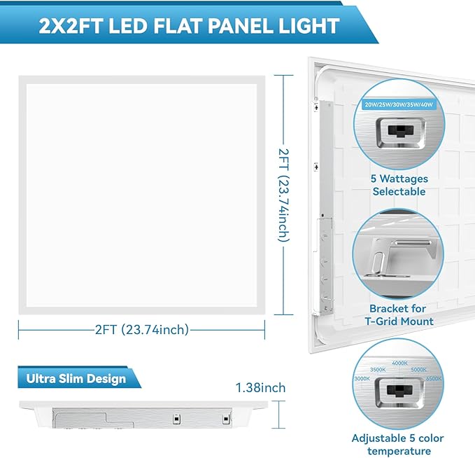 2x2 LED Flat Panel Light Drop Ceiling Office Fixture,5 CCT 3000K-6500K Adjustable & 5 Wattage Selectable, 0-10V Dimmable, 2X2 LED Flush Mount Ceiling Light,ETL Listed 24 Pack