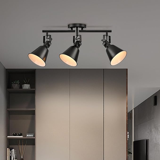 DIRYZON 3-Light Semi-Flush Mount Ceiling Track Lighting Adjustable Round Spotlight in Matte Black Multi-Directional Ceiling Mounted Art Accent Light for Bedroom Hallway Living Room Kitchen