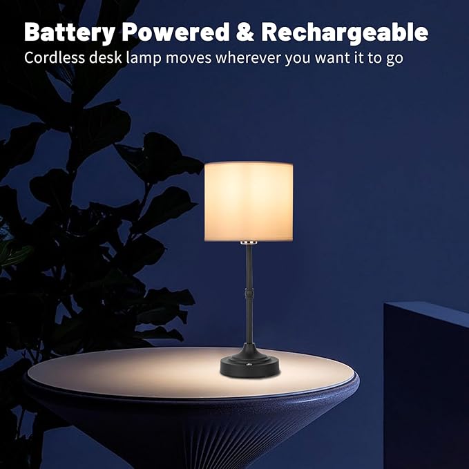 Rechargeable Cordless LED Table Lamp Fabric Shade Desk Lamp, 3-Level Dimmable Touch Control, 5200mAh, Patio Table Lamp, Bedside Night Lamp, Ambient Light for Restaurant.(Black)
