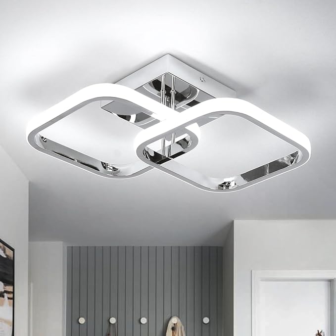 CANEOE 2 Packs Led Ceiling Light Fixture,Modern Hallway Light Fixtures Ceiling Lighting,Square Close to Ceiling Lights for Bathroom Bedroom Kitchen Balcony Stair Small Hallway Lamp (Chrome)