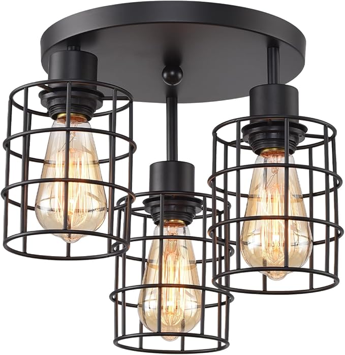 3 Lights Industrial Ceiling Light Fixtures,Iron Cage Ceiling Lamp Pendant Lighting,3-Light Close to Ceiling Light Fixtures, Modern Chandelier for Bedroom Entryway Kitchen Hallway