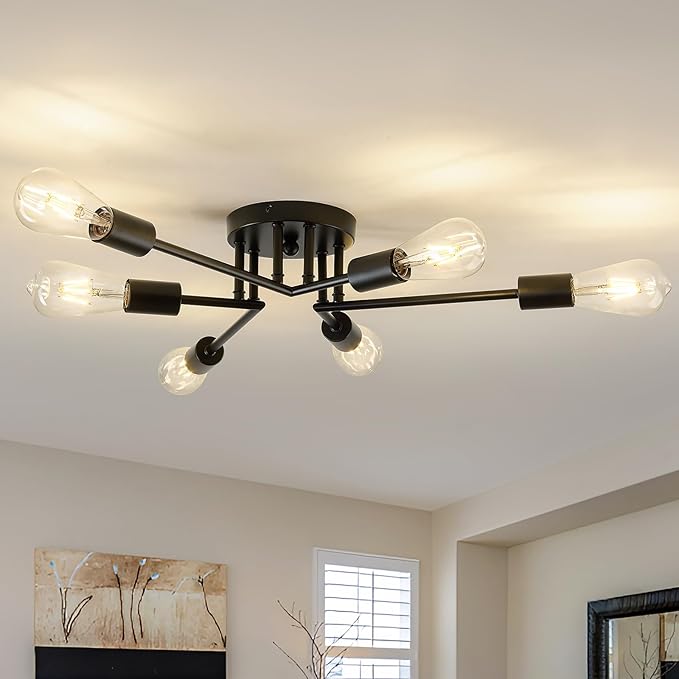 ASGYISA 6-Lights Semi Flush Mount Ceiling Light Fixture Modern Metal Black Sputnik Chandeliers with E26 Bulb Base Close to Ceiling Light for Kitchen Dining Room Living Room Hallway Bedroom