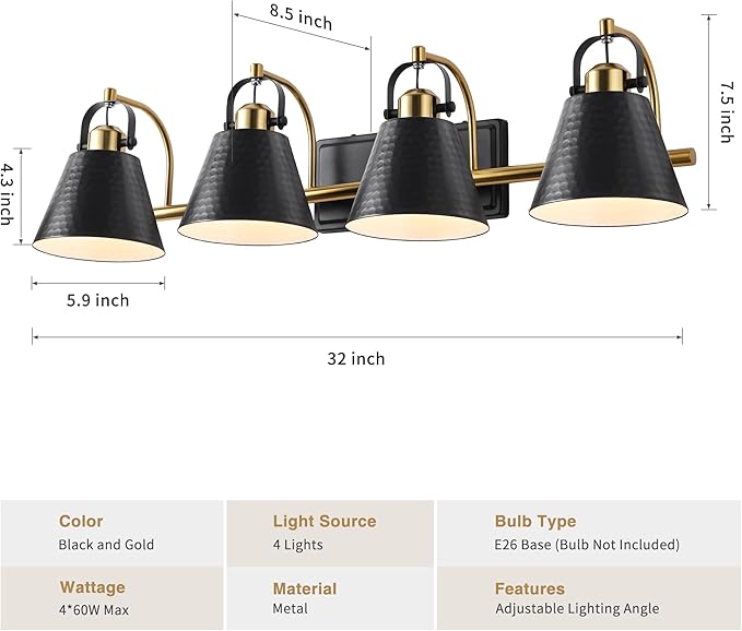 PAZALA Black and Gold Vanity Light, 4-Lights Farmhouse Vanity Light, Bathroom Light Fixtures Over Mirror, 24inch Modern Bathroom Wall lamp for Bath Mirror Living Room Cabinet Bedroom