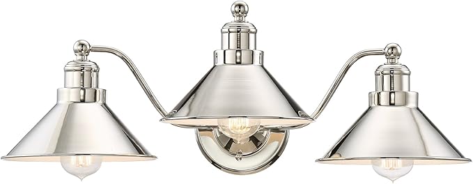 Kira Home Welton 25.5" 3-Light Modern Farmhouse Vanity Light with Funnel Shades, Industrial Wall Sconce Bathroom Light, Polished Nickel Finish
