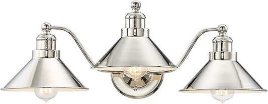 Kira Home Welton 25.5" 3-Light Modern Farmhouse Vanity Light with Funnel Shades, Industrial Wall Sconce Bathroom Light, Polished Nickel Finish
