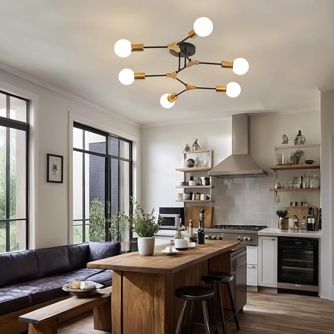 Modern Gold and Black Sputnik Semi Flush Mount Ceiling Light Fixture for Dining Room Living Room Bedroom Kitchen Closet Hallway Aisle, Mid Century Metal 6 Light Chandelier
