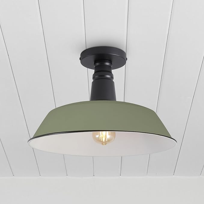 JONATHAN Y 14" Matte Olive Green/Black Industrial LED Semi Flush Mount Ceiling Light for Porch, Kitchen, Entryway, Modern Farmhouse Iron Fixture, White Metal Shade, LED Bulb Included (JYL7617I)