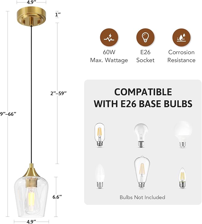 VONLUCE Pendant Lights Kitchen Island, Brushed Gold Pendant Light Fixtures with E26 Base & Adjustable Cable, Modern Pendant Lighting with Glass Shade for Living Room Bedroom Hallway, 2 Packs