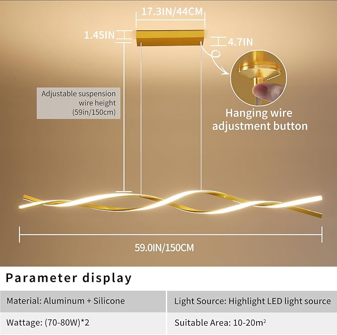 Modern Ceiling Pendant Light, with Remote Control Dimmable 3 Color Mode & Brightness Ceiling Lamp, Anti-Flicker Dining Light Fixture for Kitchen, Dining Room (Gold, 57IN)
