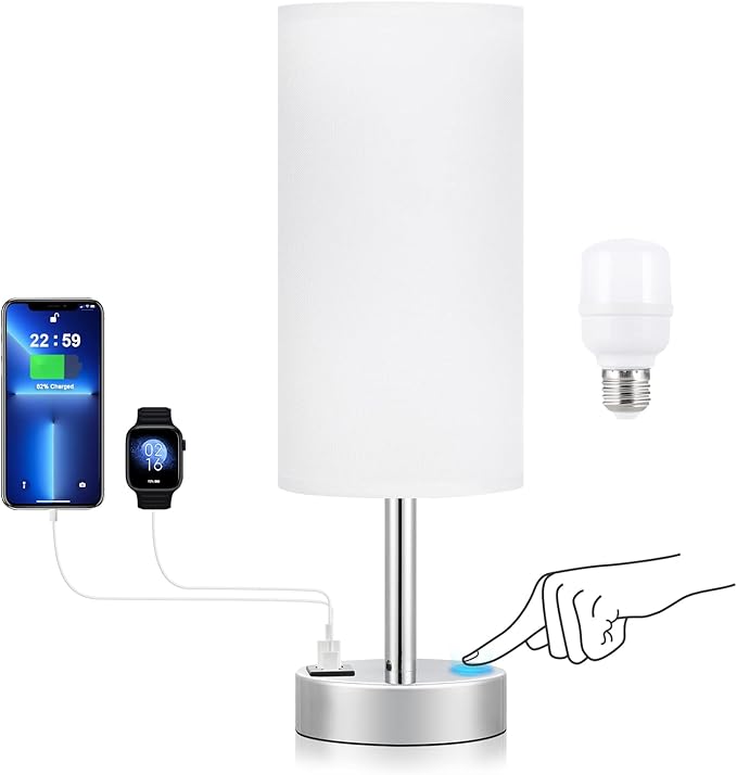 Dicoool White Bedside Touch Table Lamps for Bedroom Nightstand with USB-C USB-A Charging Ports White, 3 Way Dimmable Control Small Lamp Silver Base for Office, Living Room, Reading