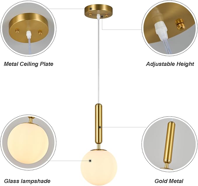 Modern Hanging Light Fixture Pendant Lighting for Kitchen Island Mid Century Gold Pendant Lights with Globe Milky White Glass Pendant Light for Bedroom Bathroom Entryway (3 Pack)