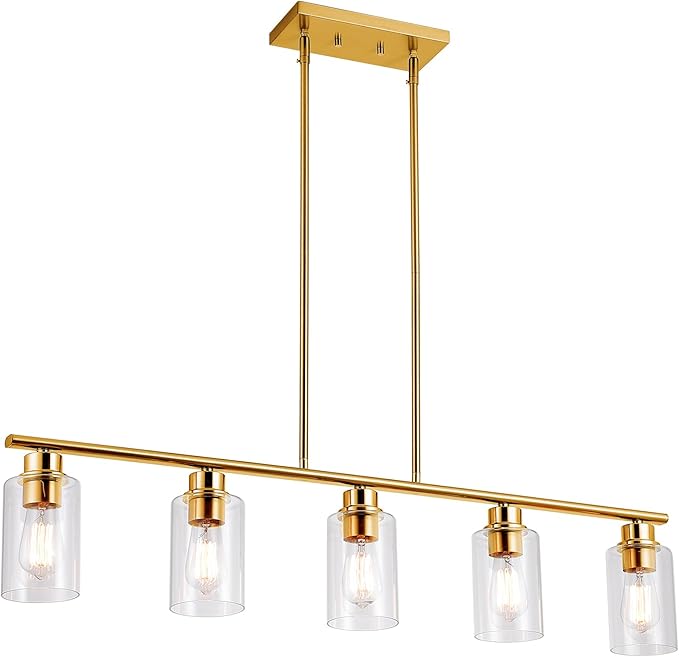 mavcadonf Kitchen Island Light, 5-Light Pendant Lighting, Farmhouse Industrial Dining Room Light Fixtures for Kitchen Island Dining Living Room, Brushed Gold with Clear Glass Shade