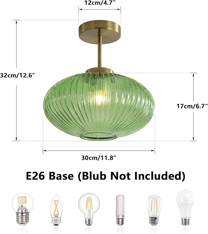 KCO Lighting Vintage Green Ribbed Glass Flush Mount Light Brushed Gold Semi Flush Mount Ceiling Globe Hallway Ceiling Light Fixture