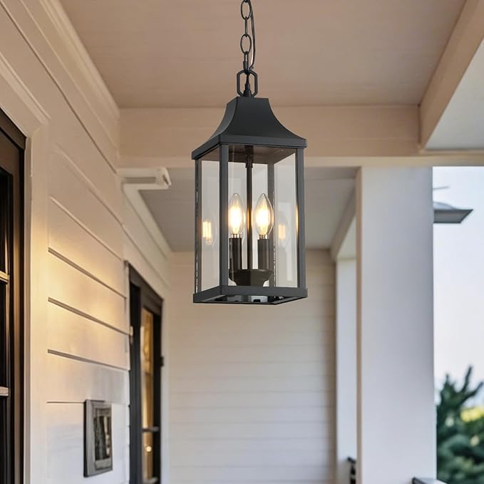 Outdoor Pendant Light Fixtures, 16'' Exterior Hanging Lantern Porch Light, Black Adjustable Hanging Lamp Farmhouse Exterior Chandelier Ceiling Mount for Entrance Patio
