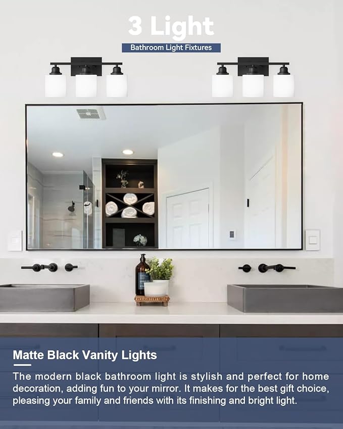 Sailstar 3-Light Bathroom Vanity Light, Anti-Rust Matte Black Bathroom Light Fixtures Over Mirror, Modern Bathroom Lights Wall Mount with Milky White Glass Shades, E26 Base Vanity Lighting