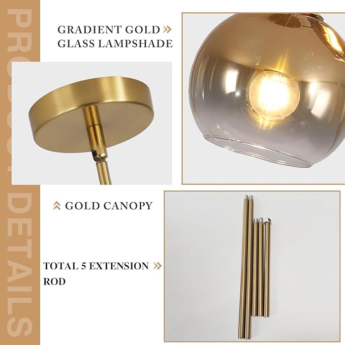 KCO Lighting Globe Pendant Lights Gradient Gold Glass Pendant Light Modern Kitchen Island Lighting Vintage Hanging Light Fixture Mid Century Hanging Lamp