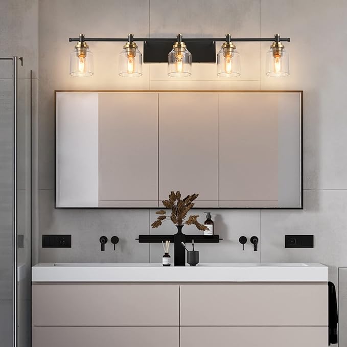 SOLFART 5-Light Bathroom Light Fixtures Over Mirror Bath Vanity Lights Black Brass Finished Lighting Vintage Globe Lights