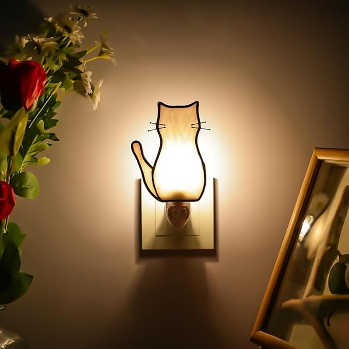 BOXCASA White Cat Night Light, Stained Glass Lamp, Warm Yellow Plug-In Night Light for Living Room, Bedroom, Hallway - Cat Gifts