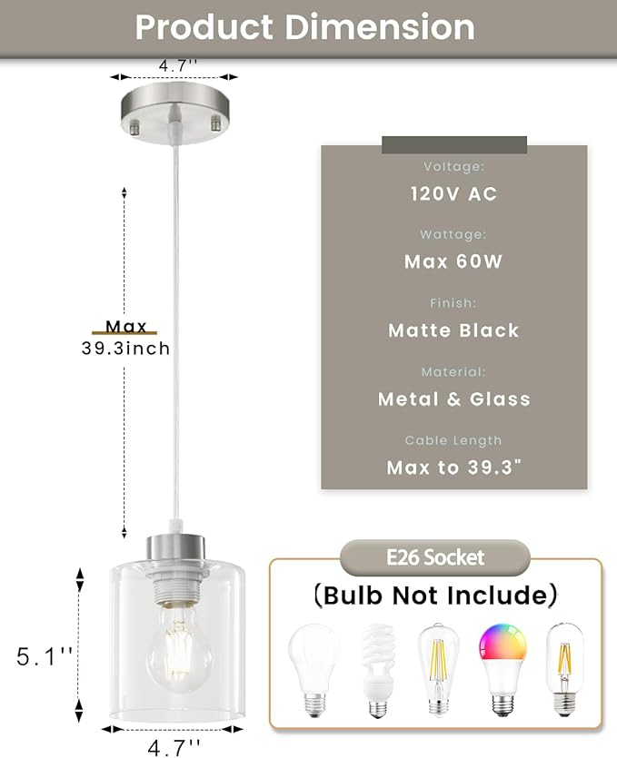 1-Light Brushed Nickel Pendant Lights Kitchen Island, Modern Farmhouse Hanging Light Fixture, 39Inches Adjustable Ceiling Light for Dining Room, E26 Base, Clear Glass Shape
