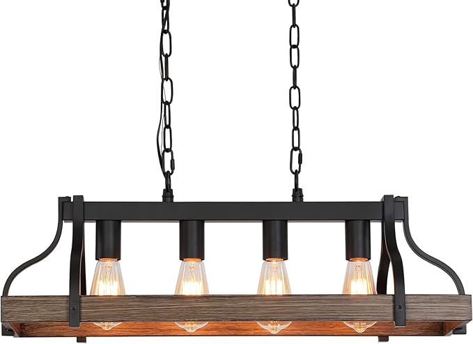 MEIXISUE Rustic Kitchen Island Dining Room Light Fixture Farmhouse Linear Chandelier Black and Retro Wood Finish 4-Light Industrial Metal Hanging Pendant Light UL Listed L28.3 W10.6