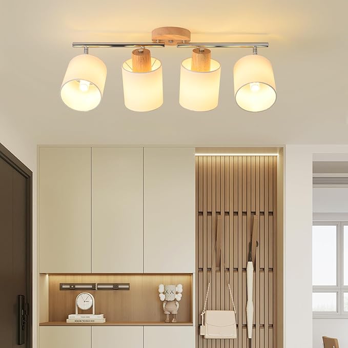 LED 4 Light Track Lighting Kit, Wooden Ceiling Spotlights with Fabric Shades, Modern Track Light Fixture with Flexibly Rotatable Light Heads for Kitchen, Living Room, Bedroom(E26 Socket, NO Bulb)