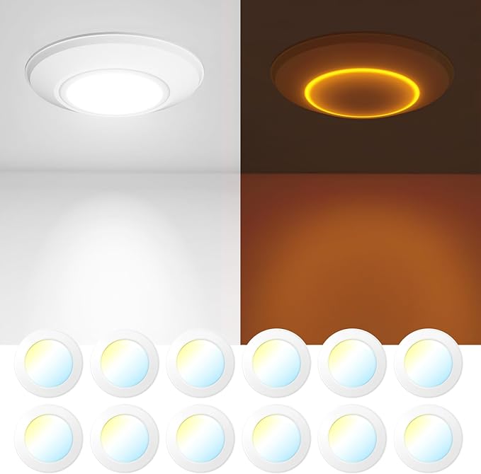 Amico 12 Pack 5CCT 5/6 Inch LED Disk Lights with Night Light, Dimmable Flush Mount Ceiling Disc Light, 2700K-6000K Selectable 12W Eqv 110W, 1050LM,Low Profile Surface Mount Ceiling Lights, ETL&FCC