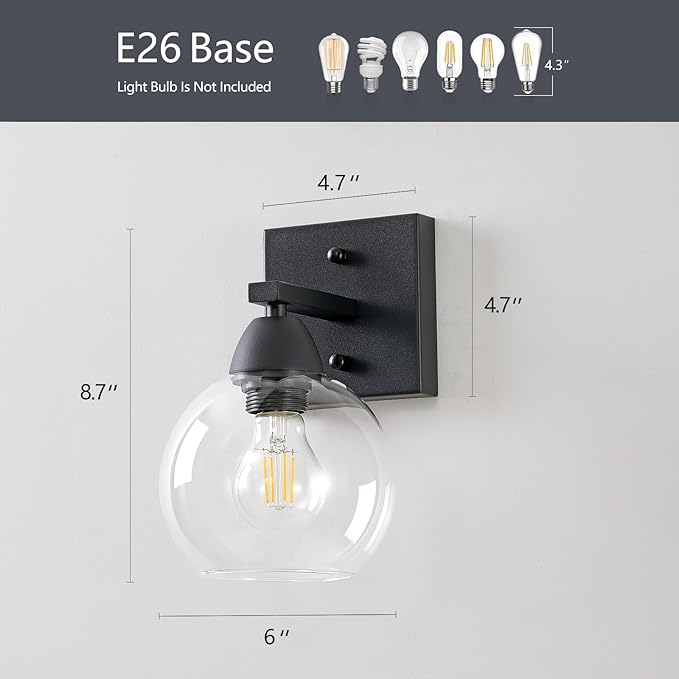 Bathroom Light Fixtures, 1-Light Matte Black Vanity Light with Hand-Blown Globe Glass Shade, High Clarity & Durable, Wall Sconce for Mirror, Kitchen, Bedroom, Hallway