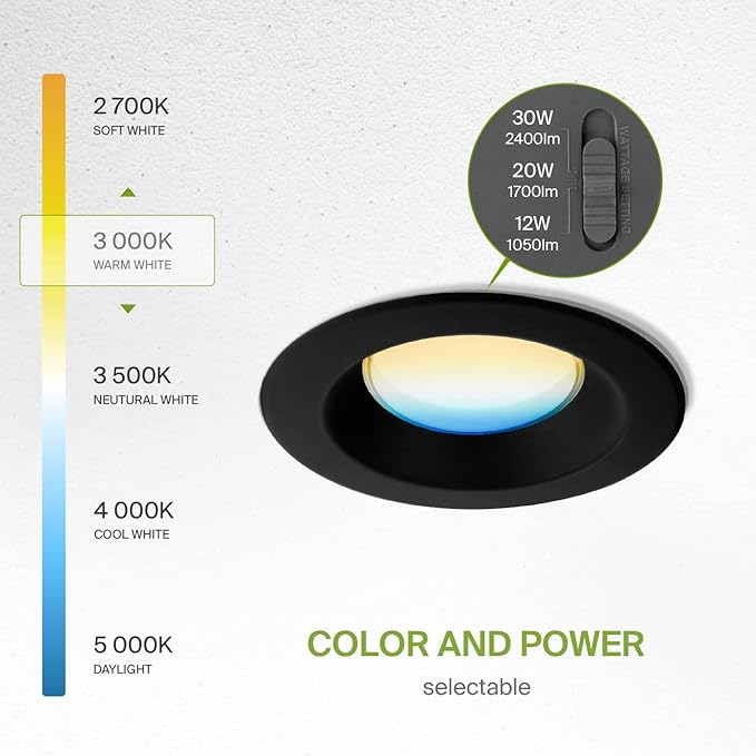 ASD 8 Inch Commercial Canless LED Downlight, Power Adjustable 12/20/30W Lighting, Dimmable Recessed Ceiling Light Fixture, 5 Color Temperatures 2700K-5000K, 120-277V IC Rated UL & Energy Star 4 Pack