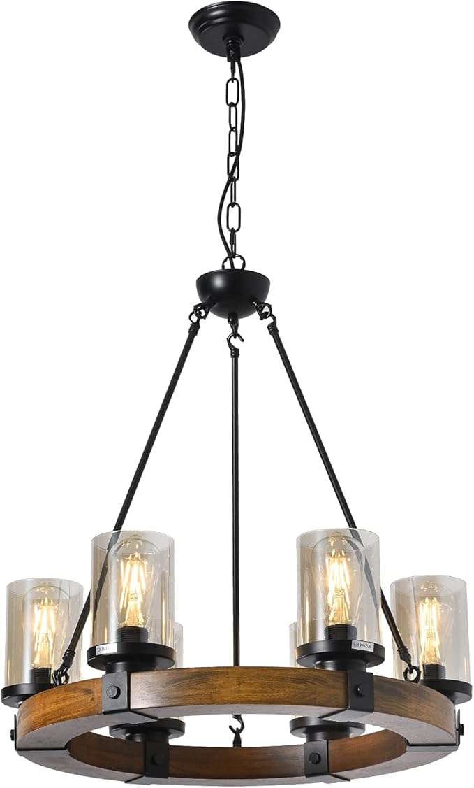 Wooden Four Wheel Chandelier Farmhouse Chandelier Round Vintage Candle Glass Dining Room Light 22 Inch Wide Modern Rustic Living Room Chandelier