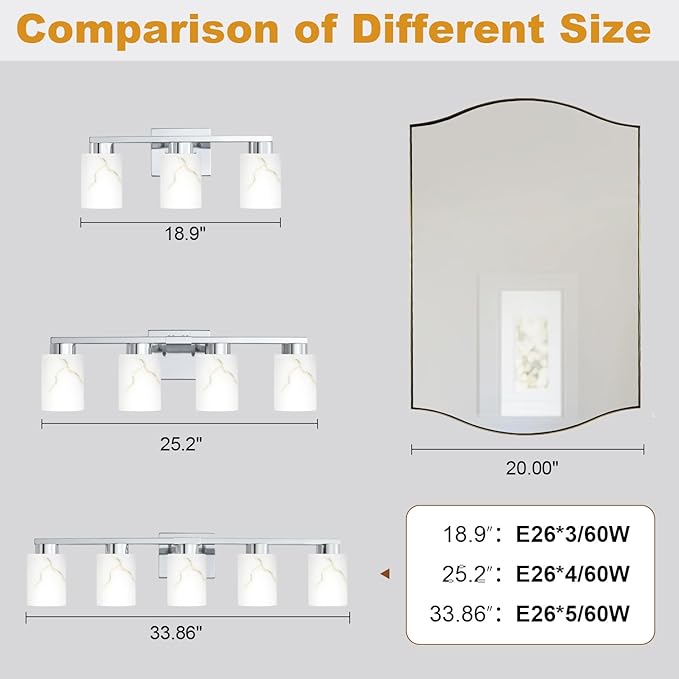 4-Light Bathroom Light Fixtures, Modern Vanity Lights, Chrome Metal Wall Lamp with White Marble Glass for Bathroom, Mirror, Living Room, Bedroom, Cabinet, Porch, Hallway, E26 Base
