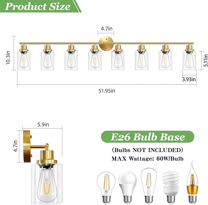 8-Light Brushed Gold Vanity Lights for Bathroom, Lighting Fixtures Over Mirror with Clear Glass Shade, Modern Kitchen Light Fixtures Wall Lamps Sconce Light - E26 Base