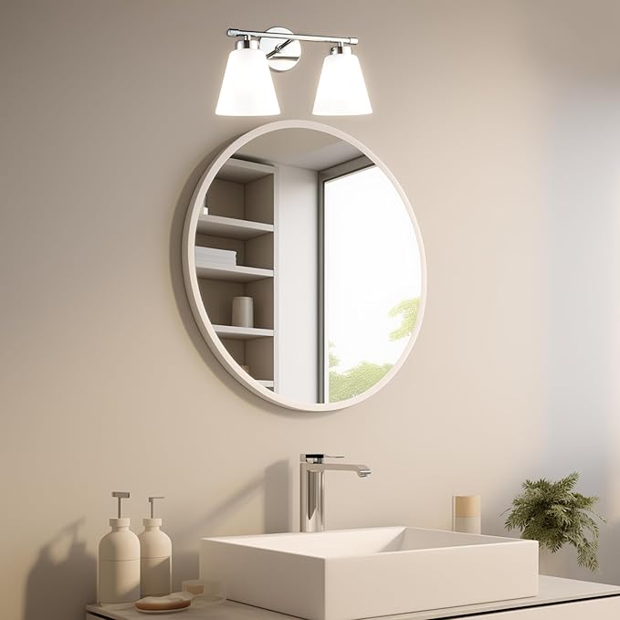 Hamilyeah Modern Chrome Bathroom Vanity Light Fixture Over Mirror, 2 Light Vanity Lighting Fixture with Frosted Glass Shade, Silver Wall Sconce Lighting for Bath, Bedroom, Kitchen, Hallway