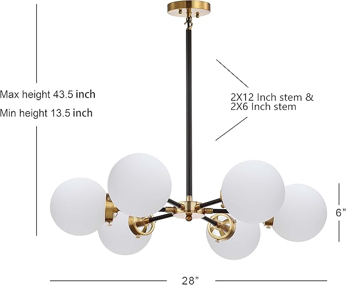 JONATHAN Y 28" Brass Gold/Black Modern 6-Light Cluster Pendant Chandelier, Clear Glass Shade Hanging Fixture for Kitchen Island Dining Room, LED Bulbs Included, Dimmable (JYL9059B)