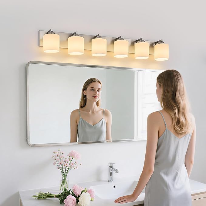 mirrea 44-Inch 6-Light Brushed Nickel Vanity Lights for Bathroom, Vanity Lighting Fixtures with Etched White Glass Shades