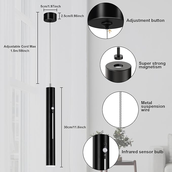 Lightess Battery Operated Pendant Light Set of 2, 6000mAh Rechargeable Hanging Light with Remote, 3 Color Dimmable, Wireless Chandelier for Kitchen Island Bedroom Hallway, Black