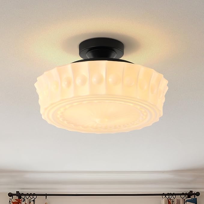 Vintage Milk White Glass Ceiling Light,Schoolhouse 13.8'' Flush Mount Ceiling Light Fixture,Mid Century Design for Bedroom,Hallway,Kitchen & Dining Room,4 LED Bulbs Included