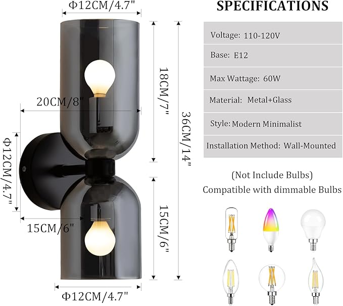 Modern Glass Wall Sconces- Double Head Wall Lighting with Long Short Glass Shades- Bathroom Vanity Light Mid-Century Up Down Hardwired Wall Lamp Indoor for Bedroom Hallway Living (Black-Gray)