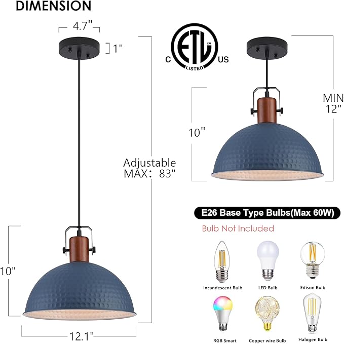 12 Inch Blue Pendant Lights Hammered Matte Pendant Lights for Kitchen Island Industrial Farmhouse Adjustable Height Dome Hanging Light Fixtures for Barn, Dining Room 1 Pack