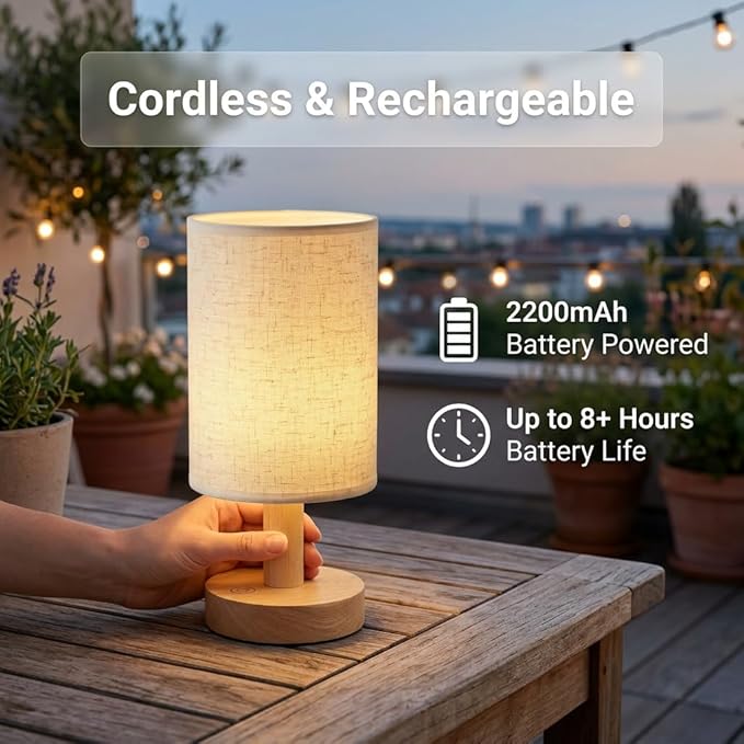 Small Cordless Bedside Table Lamp, Rechargeable 2200mAh Battery Powered Lamp with Touch Control, 2700K Warm Dimmable Lamp Natural Wood Base Linen Shade for Bedroom Dorm Nursery Outdoor Patio Camping