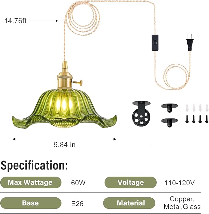 Plug in Pendant Light Vintage 2 Pack, Adjustable Pulley Hanging Lamp with Green Lily Glass Shade, Brass Hanging Lights with Plug in Cord for Kitchen, Compatible with Indoor Plant Grow Light Bulbs