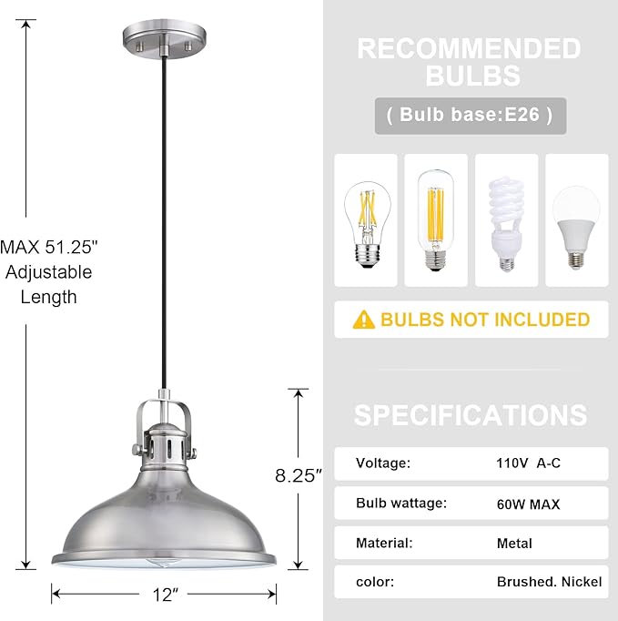 Doraimi Lighting 3-Pack 1 Light 12" Pendant Light Industrial Vintage Fixtures Metal Chandelier Lights with Brushed Nickel Finish,Ceiling Lamp for Kitchen Home Island Dining Room Bedroom Farmhouse