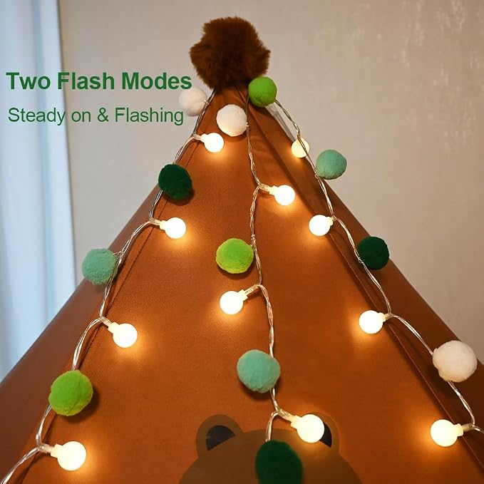 ChiRee Indoor String Lights 6.56 Feet Pom Poms Fairy Lights 20 LED Battery Operated String Ball Lights Warm White Globe Lights Colorful Decor Lights for Home Bedroom Kids Playhouse Holiday Christmas