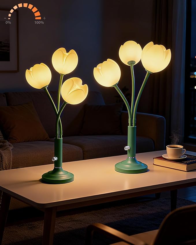 Lightdot 3-Light Tulip Table Lamp Set of 2 with LED Bulbs Included, Dimmable Cute Flower Desk Lamp, Aesthetic Green Floral Nightstand Lamp, Adjustable Gooseneck Bedside Lamp for Bedroom, Living Room