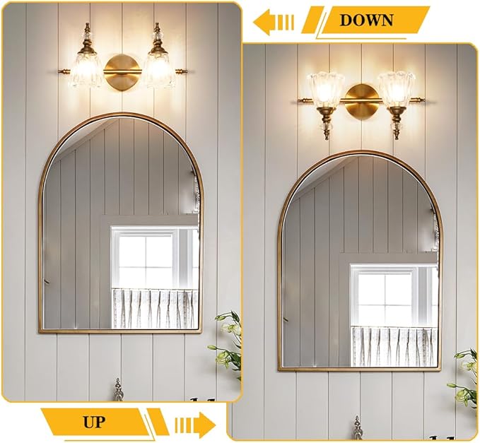 Brass Vanity Light, Vintage Brushed Gold Bathroom Light Fixtures, 2 Light Bathroom Vanity Lights, Flower Glass Shade Wall Sconce Lighting
