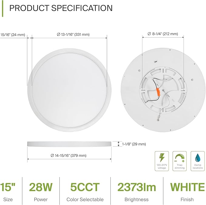 ASD LED 15" Round Flush Mount Ceiling Light Fixture, Low Profile Surface Lighting | 5CCT, Dimmable, Ultra-Thin, ETL Listed | 28W 2300LM 2700-6000K 100-277V | Kitchen, Hallway Lamp | White, 2 Pack